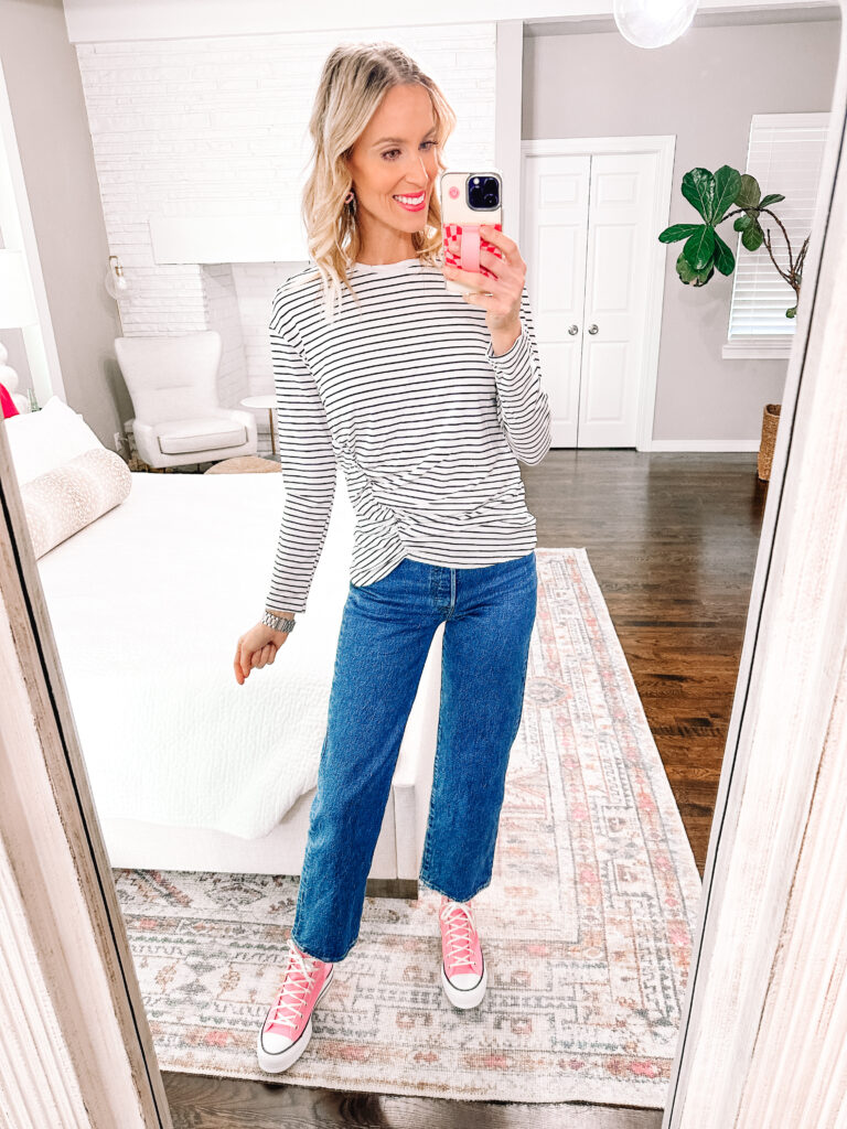Today I have several tops $17 or under to share with you today! These are all super great for now and can easily transition as the weather warms up too! You'll love this adorable striped top!