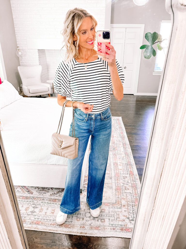 Walmart spring tops under $24!! These four tops with have you covered from work to weekend, spring to summer, vacation and more! I love this classic striped top. 