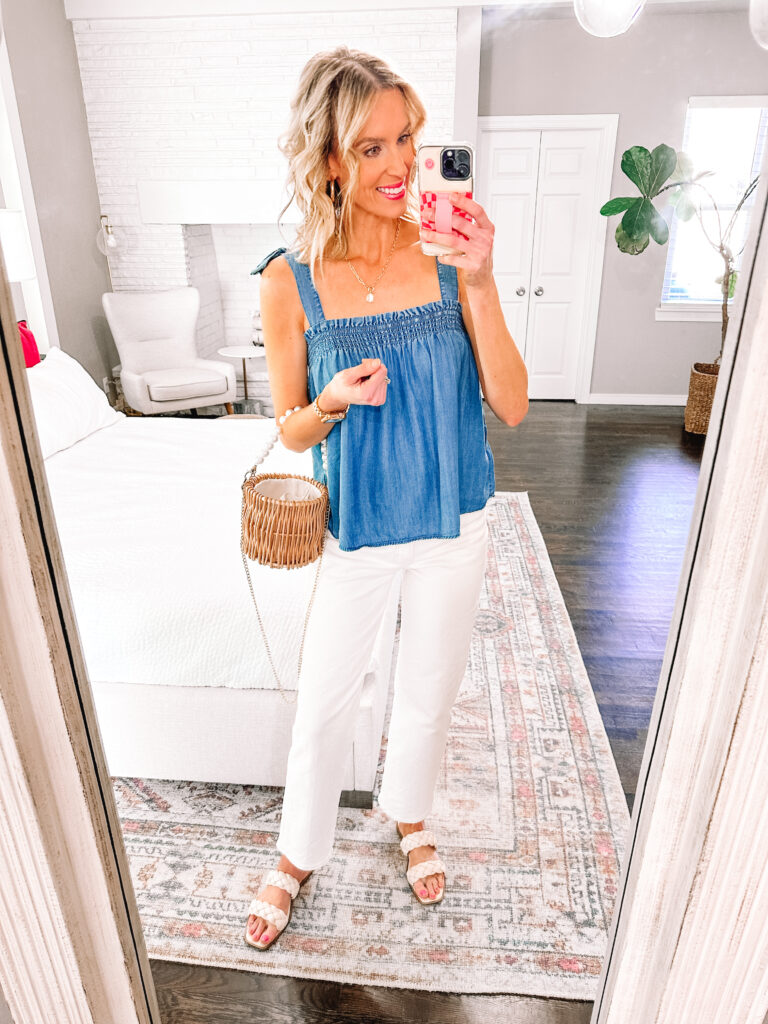 Walmart spring tops under $24!! These four tops with have you covered from work to weekend, spring to summer, vacation and more! You will love this tie shoulder chambray blouse for just $15. 