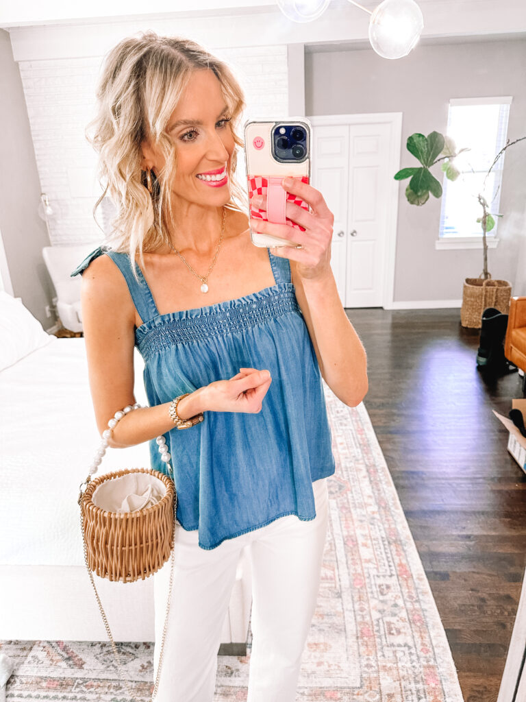 Walmart spring tops under $24!! These four tops with have you covered from work to weekend, spring to summer, vacation and more! You will love this tie shoulder chambray blouse for just $15. 
