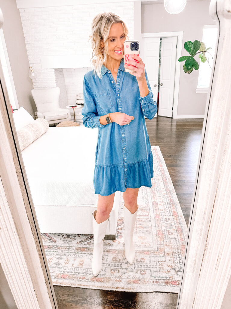 I have a really fun Walmart Spring dress try on haul for you today with 5 dresses all $36 or under! How cute is this drop waist chambray dress?!