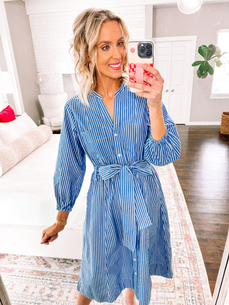 I have a really fun Walmart Spring dress try on haul for you today with 5 dresses all $36 or under! You'll love this $36 striped blue shirt dress. 