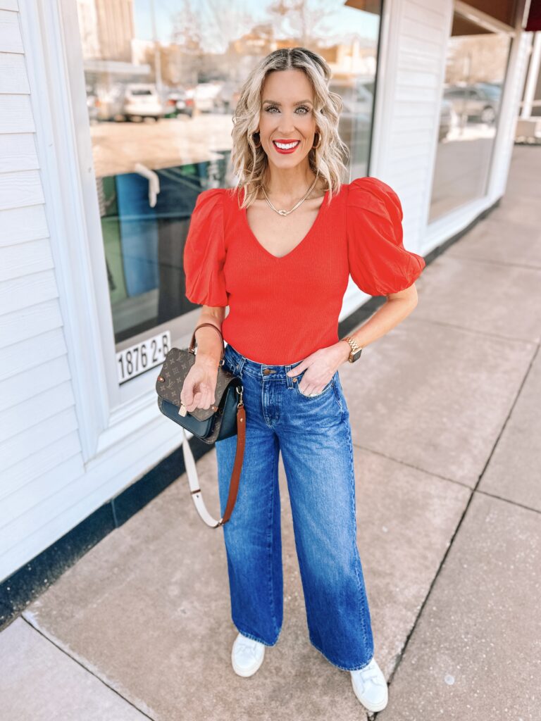 Wondering what shoes to wear with wide leg jeans? I am sharing 6 different shoes, examples of each, and easy tips on styling! Sneakers are always a go to shoe choice for me.