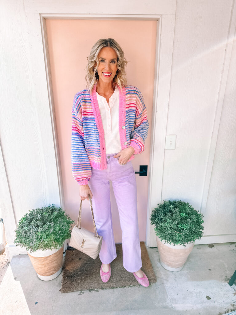 Love color but not sure what to do with it? I'm sharing 10 examples of how to wear colored pants and jeans. You'll be a pro in no time! How cute are these lavender jeans with the striped cardigan?!