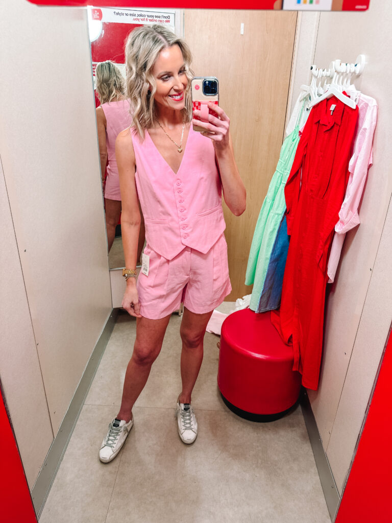 I am sharing a really fun spring Target try on haul including 9 full outfit ideas! You will especially love these dresses to keep you stylish all season long. You will be obsessed with this pink matching vest and short set!