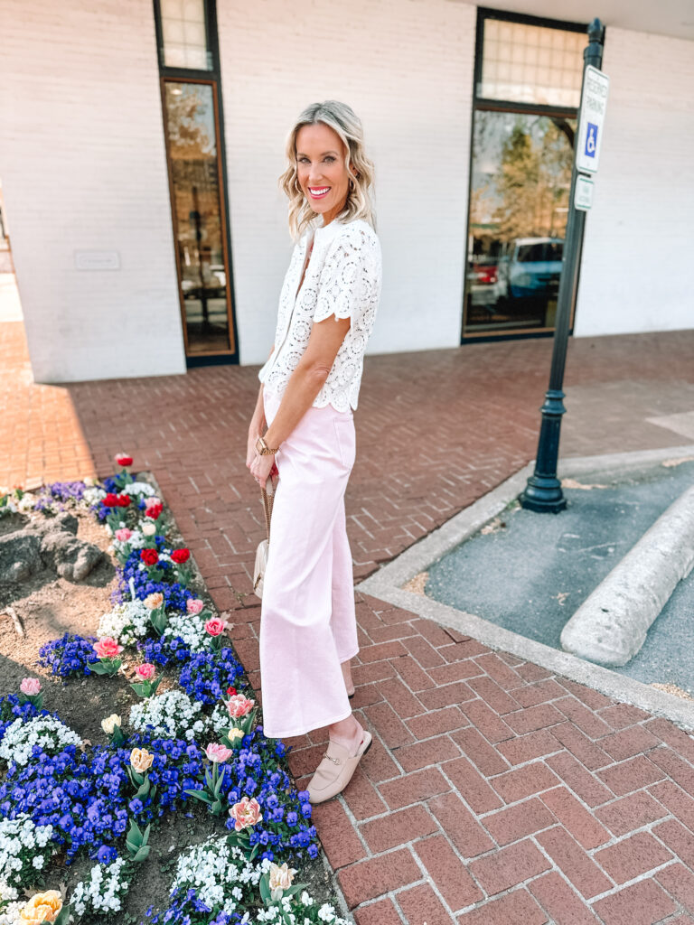 I am obsessed with these $28 Target wide leg pants! Of course I bought the pink, but there are 7 color options. I paired them with this fun crochet top. 