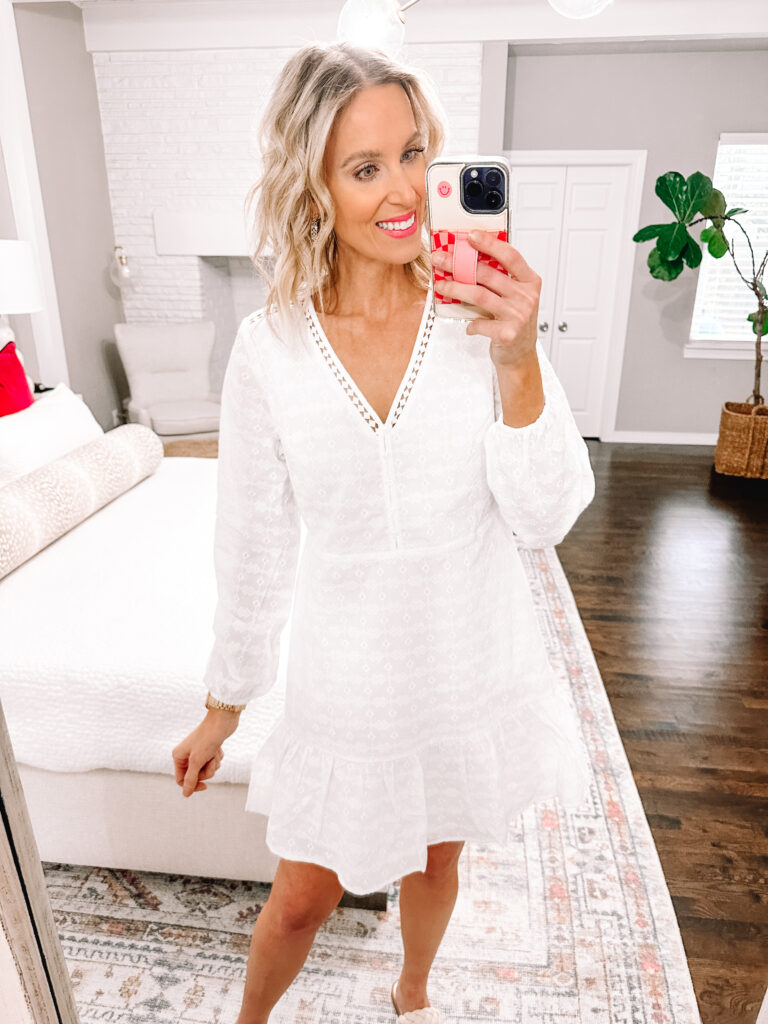 Sharing a Walmart dress try on haul all $29 and under! Each is available in multiple colors and perfect for spring and summer! You will love this little white eyelet dress!