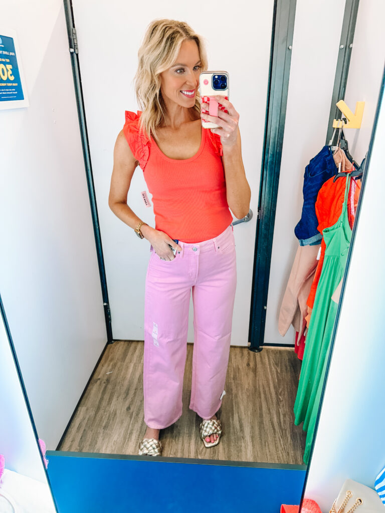 I love this bright top with these pink jeans!