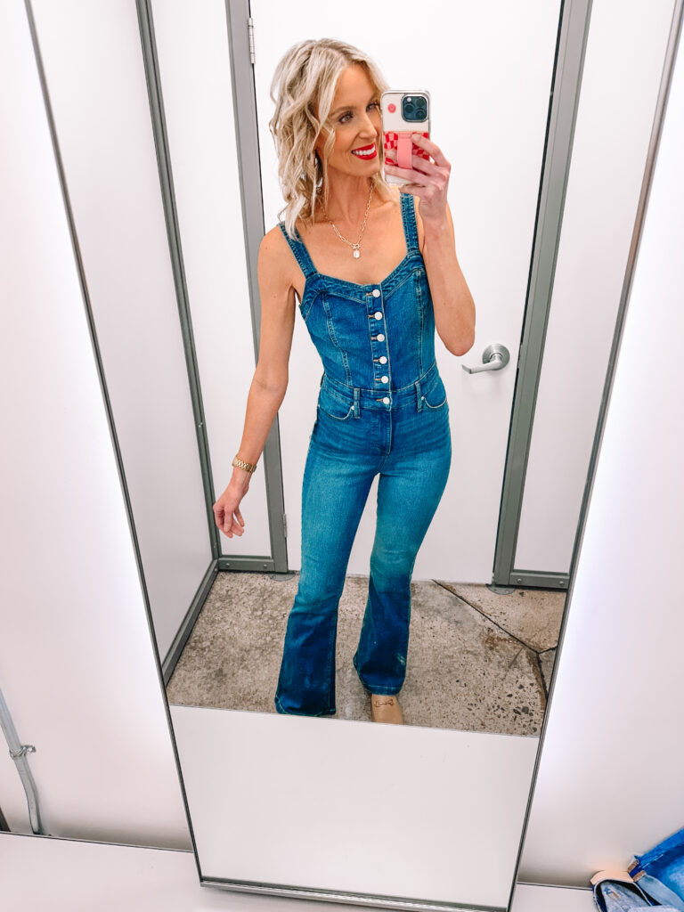 You all are not going to believe how amazing these Walmart designer denim look for less pieces are!! This jumpsuit is amazing and so flattering!