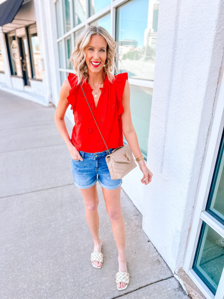 You will love this $24 walmart eyelet top! It comes in several colors and is perfect to dress up or down. I paired it with simple jean shorts here. 