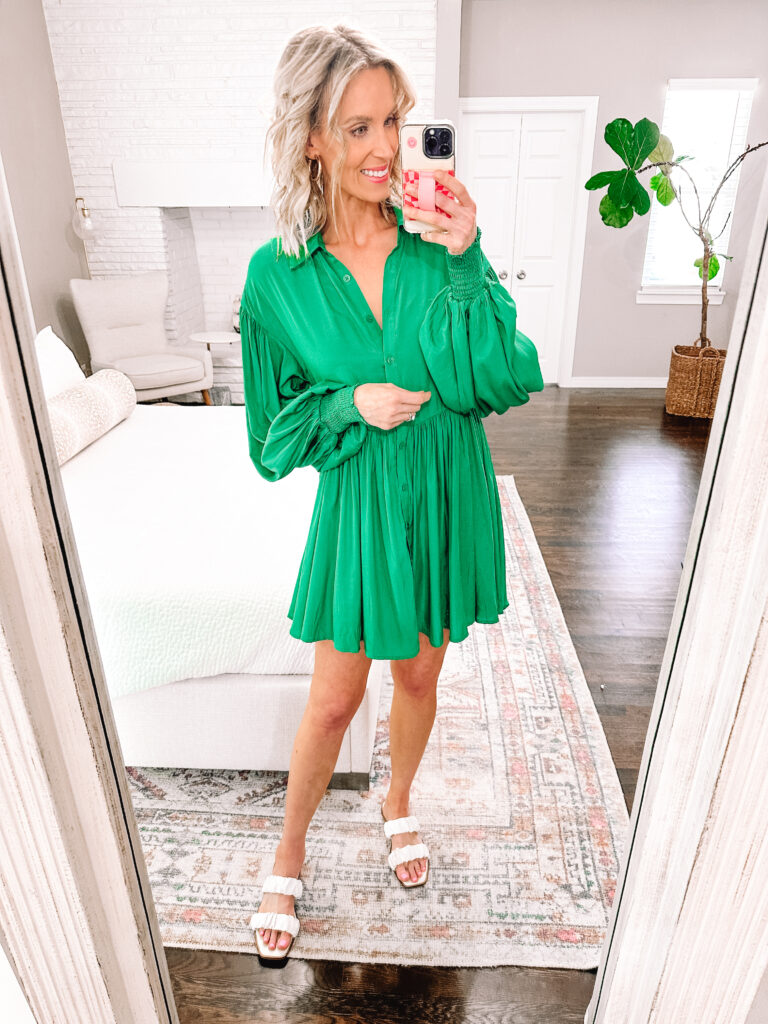 My girl and I are back sharing some more fun mommy and me spring outfits. You can dress these pieces up or down all season long! How gorgeous is this green longe sleeve short dress?!