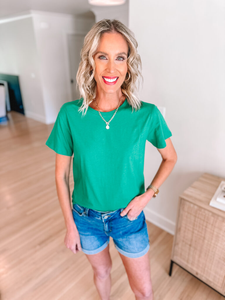 I have a fun Walmart top try on for you today! These are all great, affordable pieces to add to your wardrobe this spring. From more dressy to casual, you'll love these! This is a great $9 basic t-shirt!