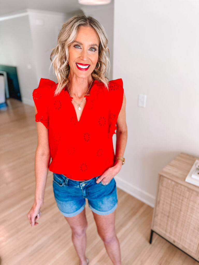 I have a fun Walmart top try on for you today! These are all great, affordable pieces to add to your wardrobe this spring. From more dressy to casual, you'll love these! I am IN LOVE with this eyelet blouse. 