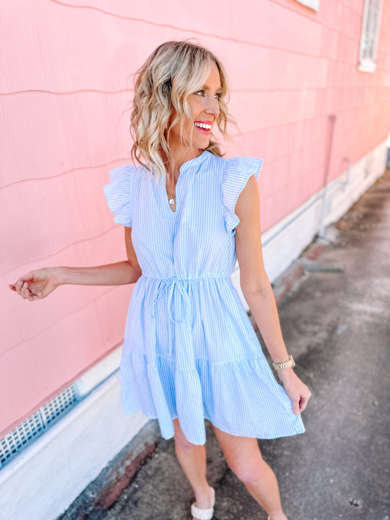 You all are going to love these Walmart dresses all $30 and under! 5 dresses perfect for your spring activities season long! I love this blue striped flutter sleeve one! 