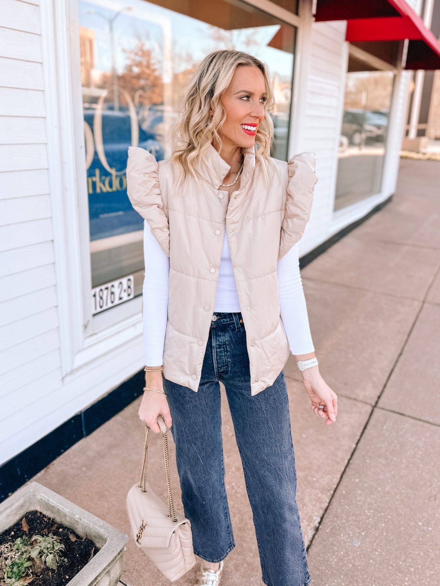 Beige Crochet Ruffle Sleeve Button-Down Vest Top