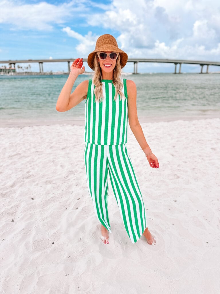 Cute swimsuit coverups are both important and functional, so I wanted to share a couple of my favorites! How fun is this green striped pant set?!