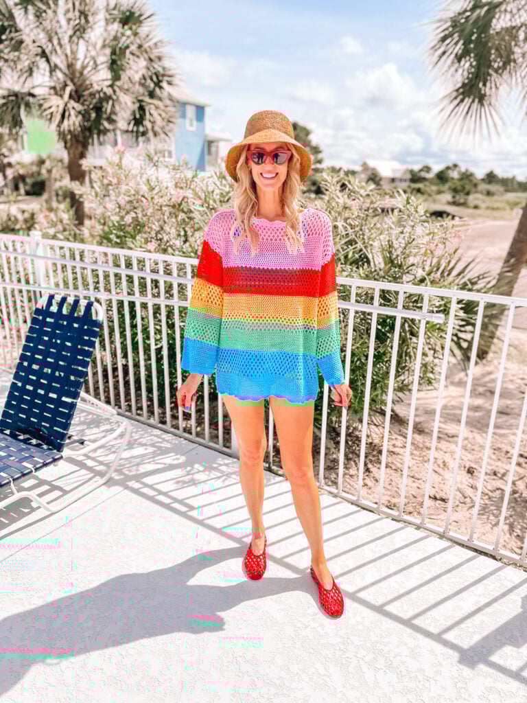 Cute swimsuit coverups are both important and functional, so I wanted to share a couple of my favorites! I love this rainbow crochet coverup with a cute straw bucket hat!