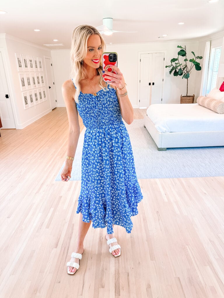 I'm rounding up some fun Amazon vacation dresses all cute and affordable! You will love this smocked blue floral dress.