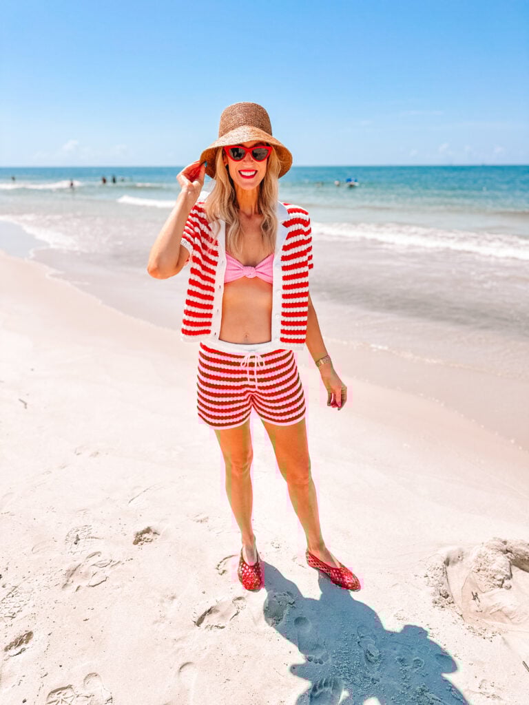 Cute swimsuit coverups are both important and functional, so I wanted to share a couple of my favorites! You will love this red and white stripe crochet short set!