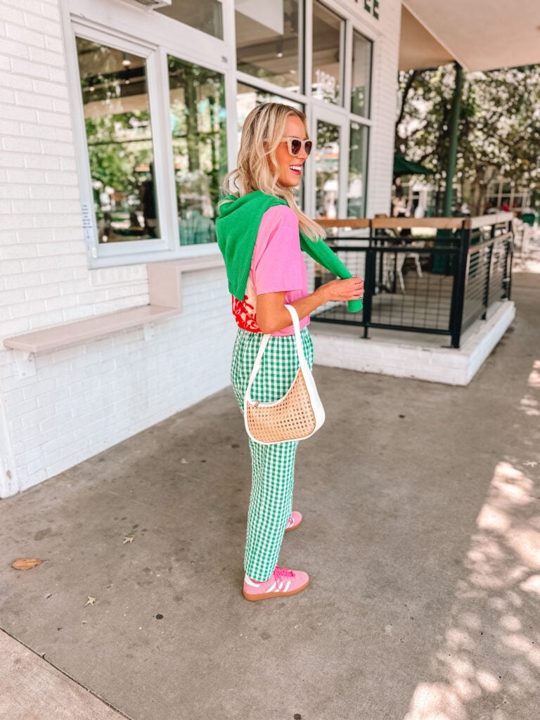 Dopamine dressing is the idea of dressing in outfits that intentionally make you happy, and I'm sharing 3 dopamine dressing outfit ideas! I love this pink and green outfit combo!