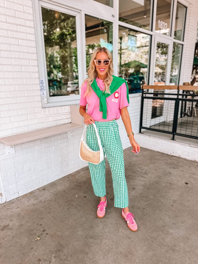Dopamine dressing is the idea of dressing in outfits that intentionally make you happy, and I'm sharing 3 dopamine dressing outfit ideas! I love this pink and green outfit combo!