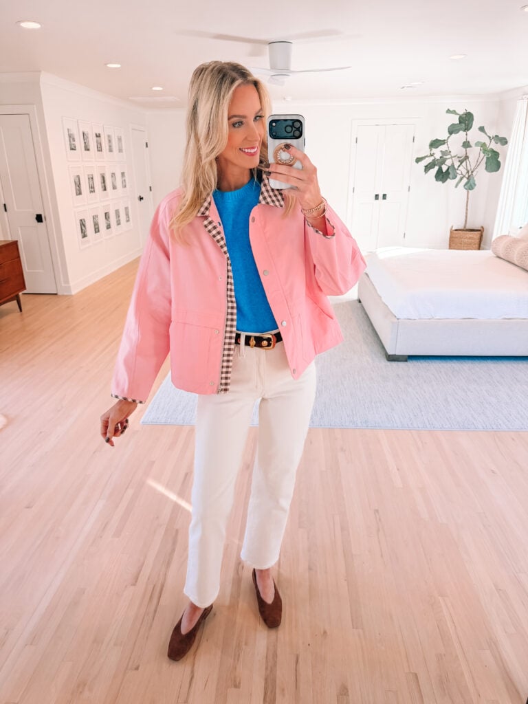 You will love this Amazon fall try on haul including this amazing pink barn jacket with gingham trim!