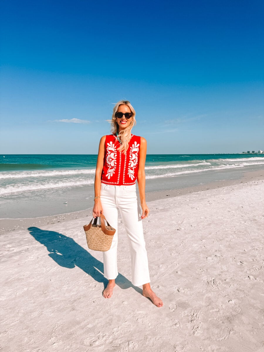 I love this red and white embroidered button front top!