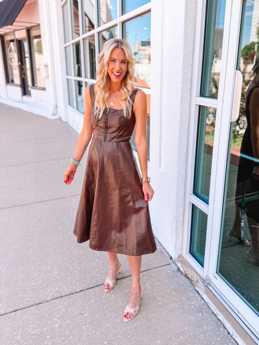 Nordstrom Anniversary sale faux leather dress for fall. Chocolate brown leather dress is gorgeous and so trendy!