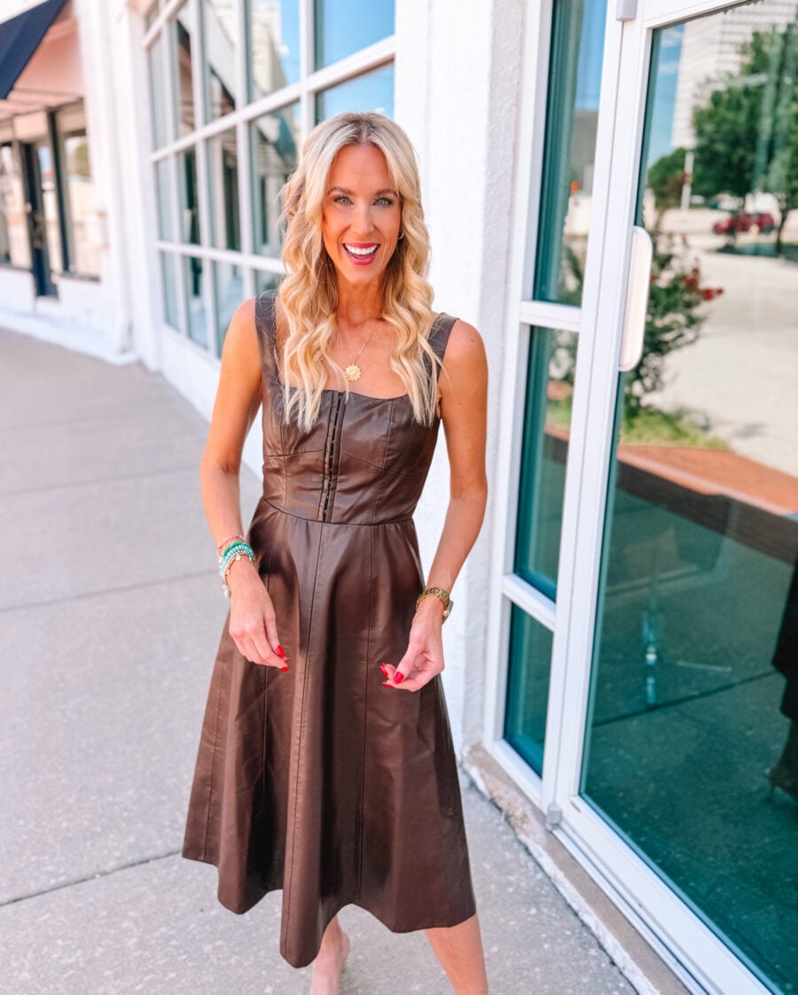 Nordstrom Anniversary sale faux leather dress for fall. Chocolate brown leather dress is gorgeous and so trendy!